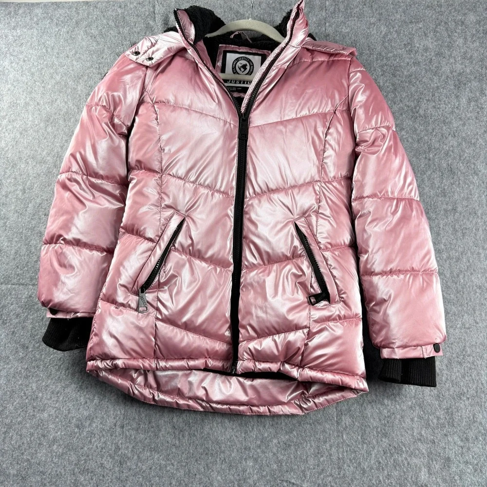 Justice Girls Size 12 Metallic‎ Pink Puffer Jacket Sherpa Lined Faux Fur Hood